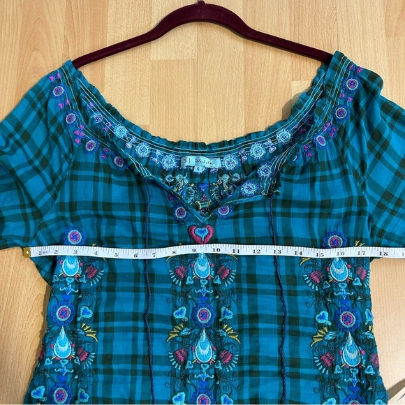 Johnny Was 3J Workshop Small Teal Plaid Embroidered Tunic Top Boho Hippie - Picture 9 of 11